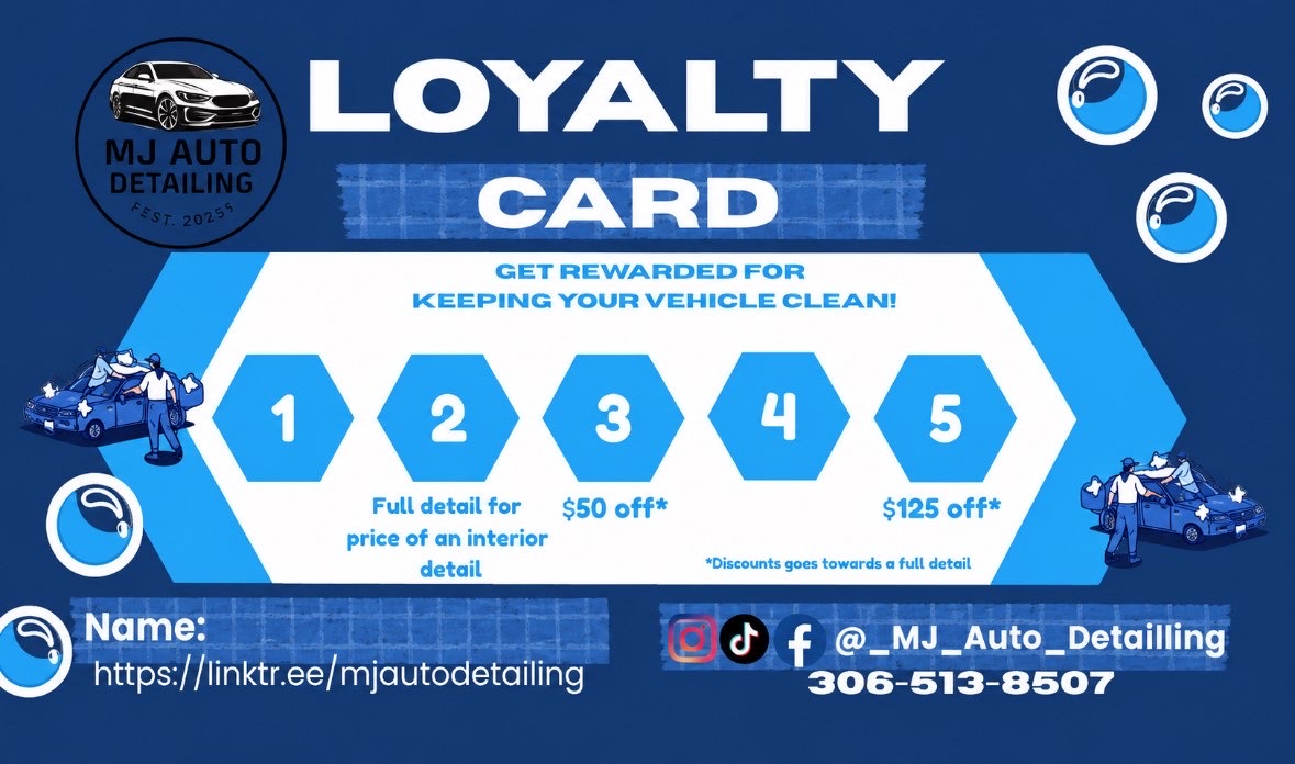 MJ Auto Detailing Loyalty Card — 5 stamps earn rewards